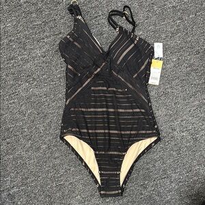 Kona Sol Black and Cream One Piece with Sheer Mesh Stripes